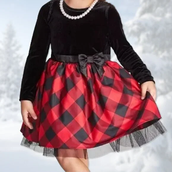 NWT Black Velour & Red Buffalo Check Long-Sleeve Dress - Girls Size L (10/12) - Picture 1 of 5